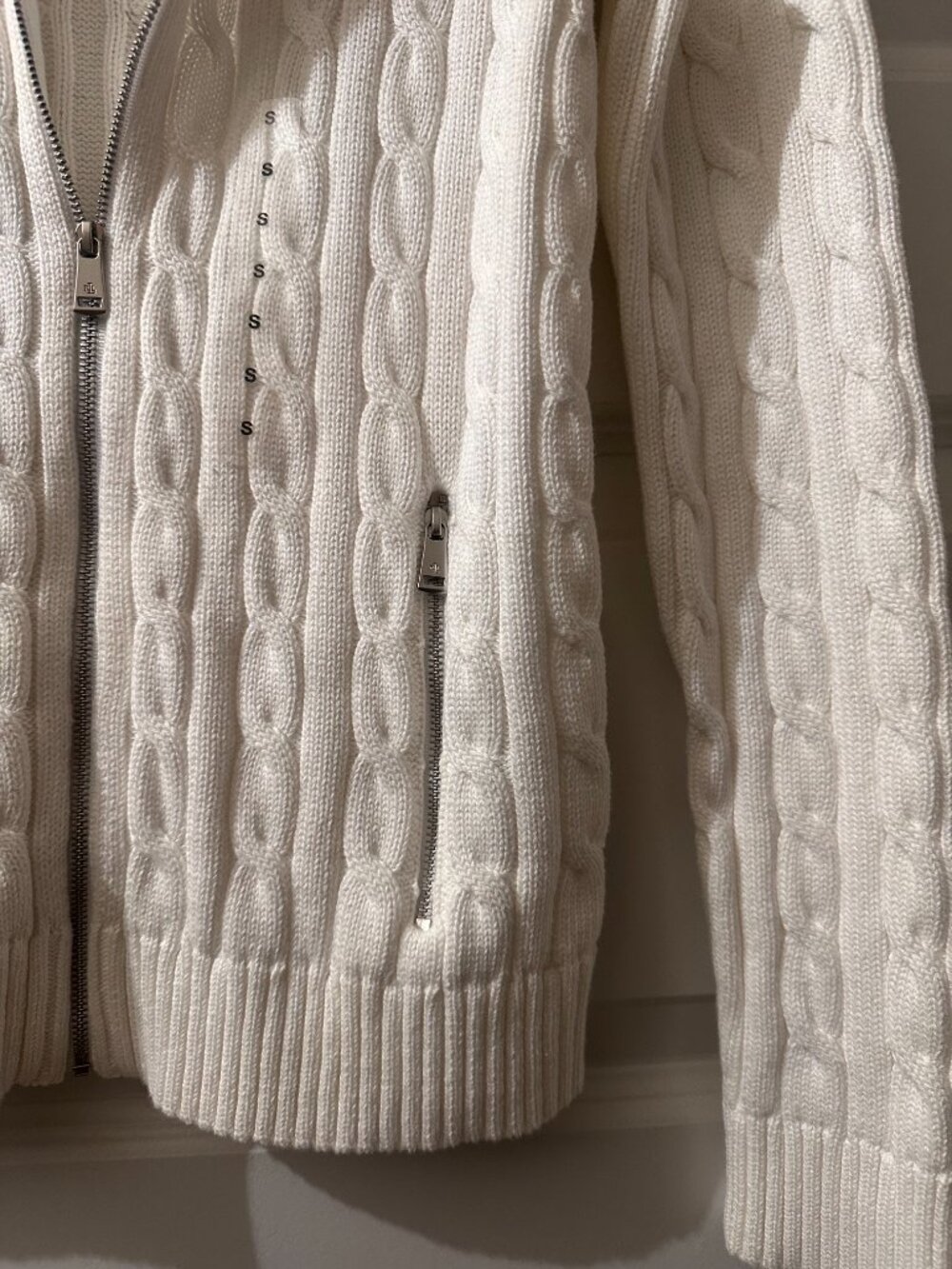 Ralph Lauren White Cable-Knit Cotton Full-Zip Sweater Size S - Picture 8 of 9